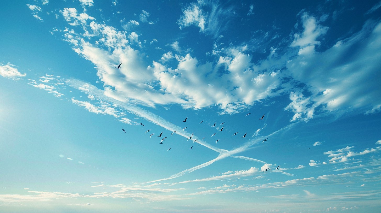 Whispy clouds in a bright blue sky. Many birds flying.