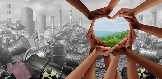 Most of the picture is black and white, tall smokestacks, barrels of toxic waste, dirty air. Many hands and forearms of all different skin colours form the shape of a heart. The heart's center is green grass and blue sky looking very beautiful.