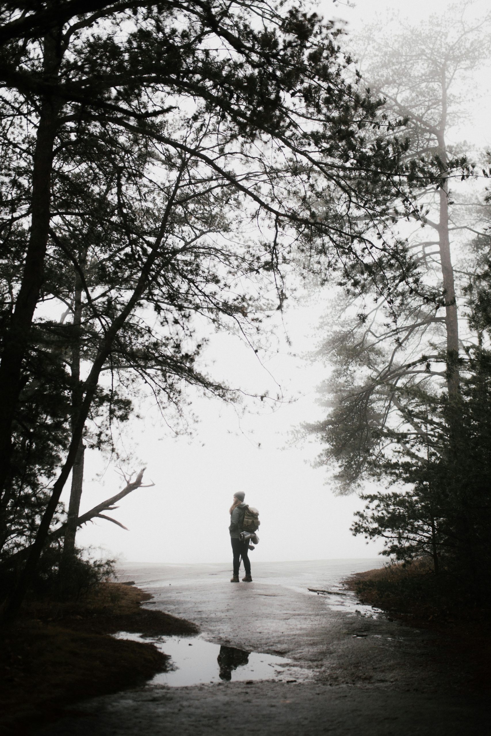 A black and white photo of a person in the middle of a grove of trees. The way forward is shrouded in fog. They stand with their hiker's backpack looking into the fog. Photo by Andrew Neel