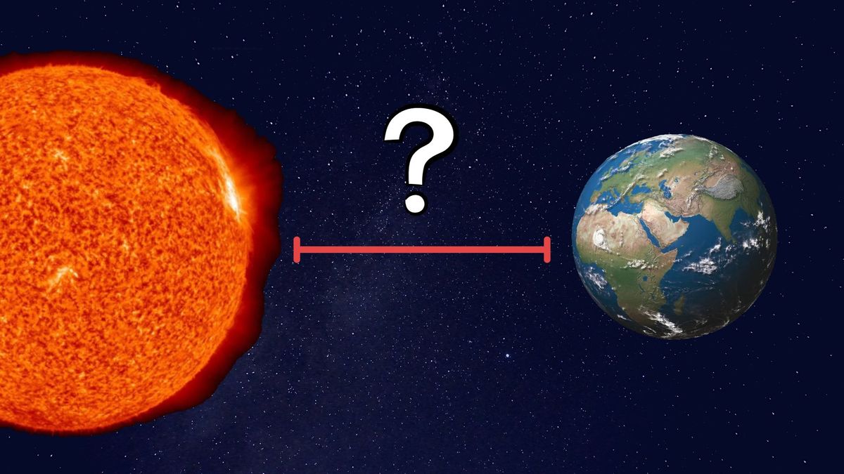 The sun is on the left with the eart on the right. A measurement line with a “?” above it is between the two orbs. The background is of generic space - black with tiny white dots representing stars