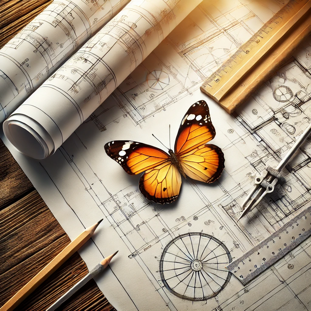 A detailed image of blueprints or plans laid out on a wooden table, with architectural tools like rulers and pencils A small butterfly, flying gracefully