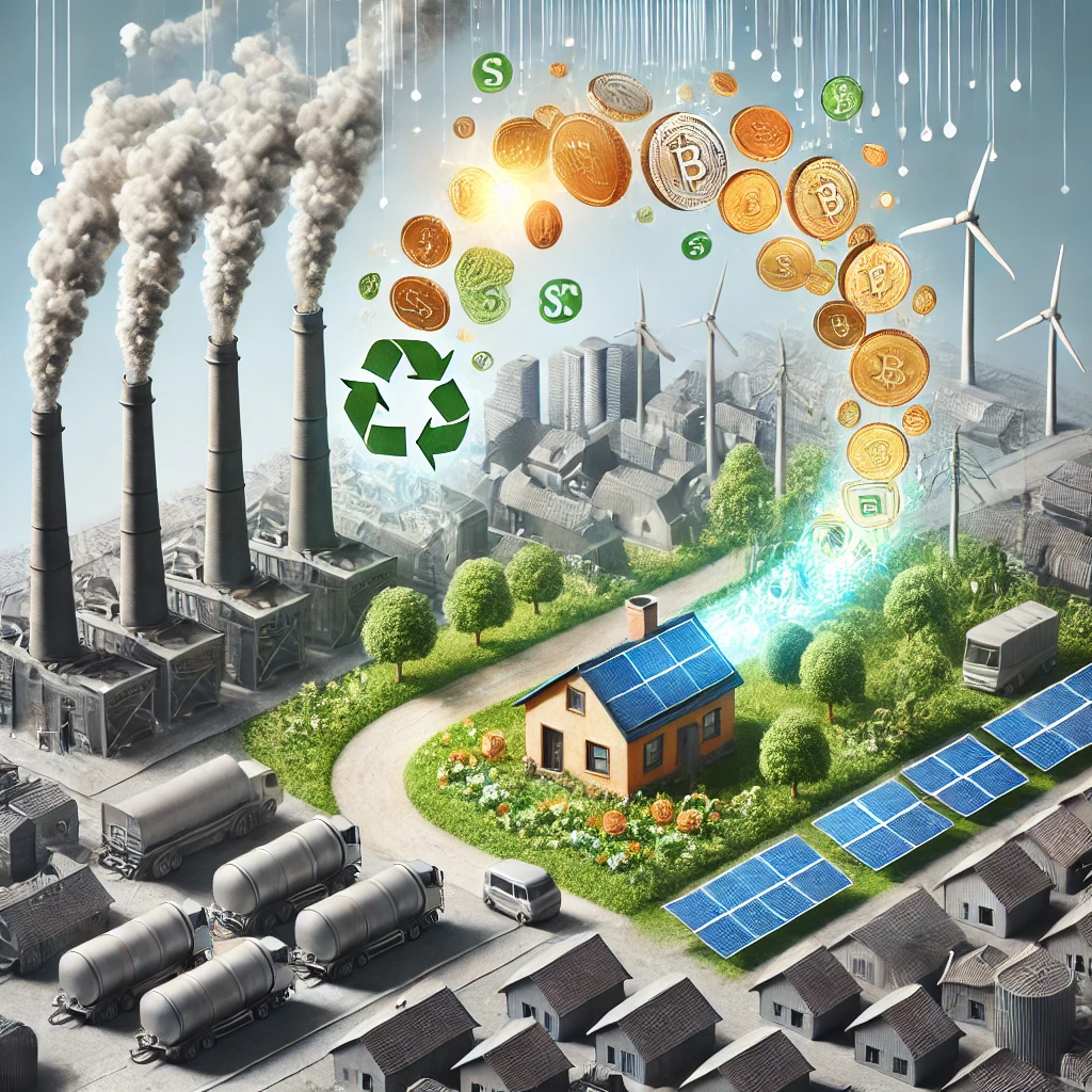 In the center is a house, it is the only coloured part of the image, the rest is black and white. Coins are flowing from the factories to the house (coins are black and white and change to coloured) a symbolic transfer of funds from polluters represented by industrial factories to a village using renewable energy sources like solar.