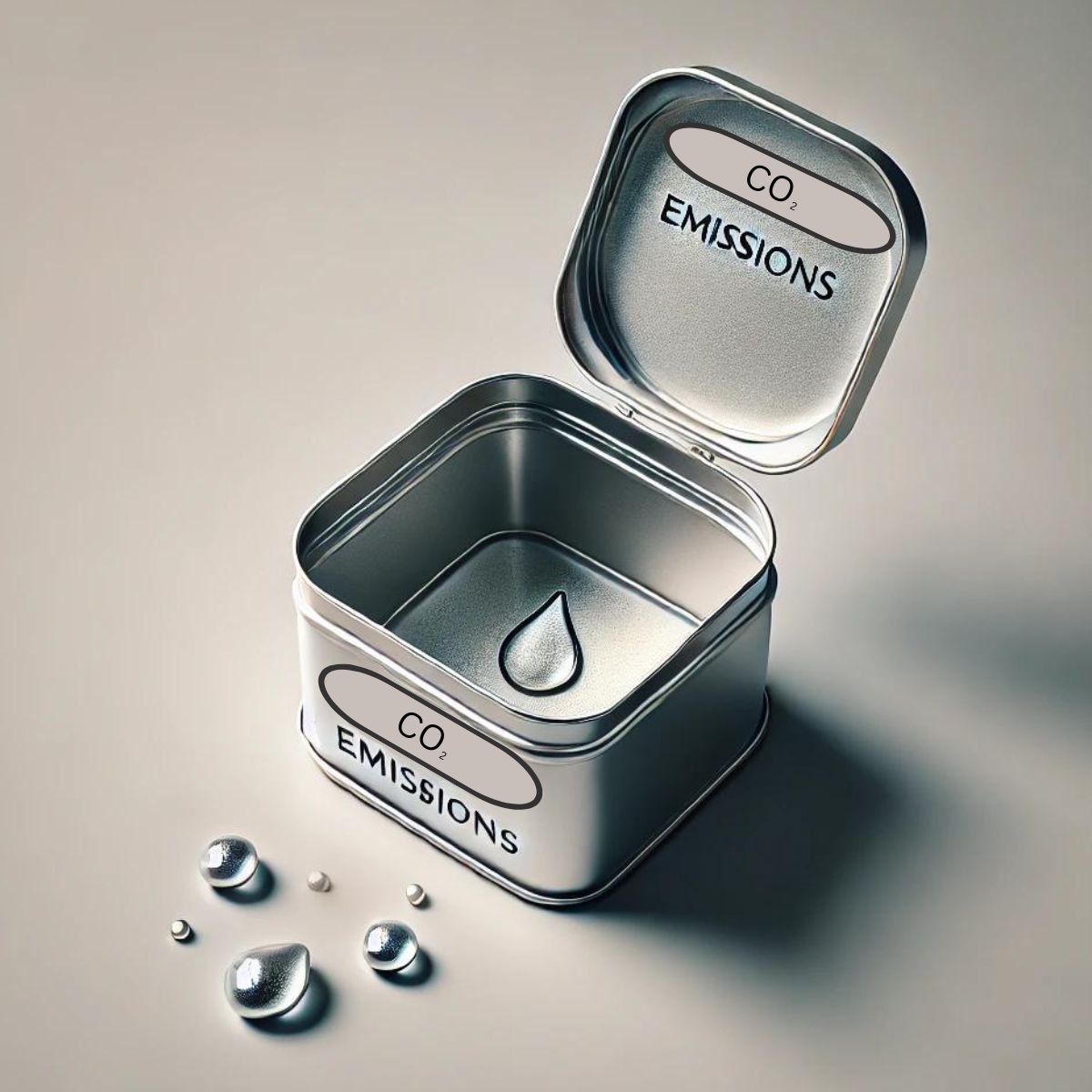 A cubicle tin can lay open on a plain grey back ground. The lid is open with the label CO2 emissions on the front of the tin and the inside of the lid. There are a few drops of liquid outside of the tin and one inside representing emissions.