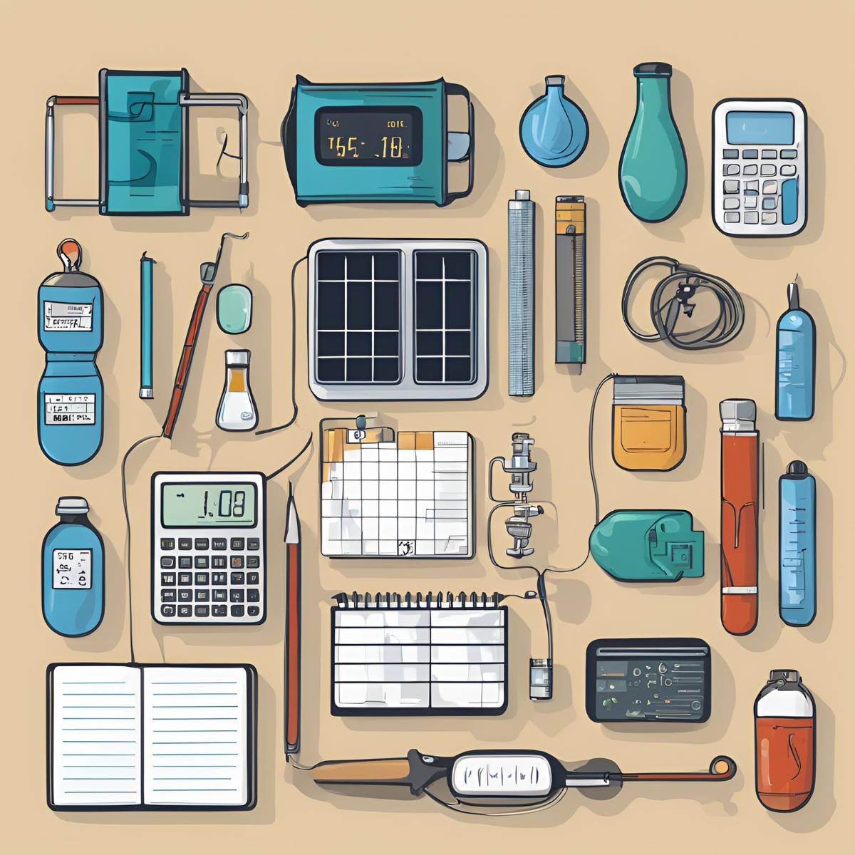 on a beige background there are all different types of measuring tools, with calculators, pens and notebooks interspersed.