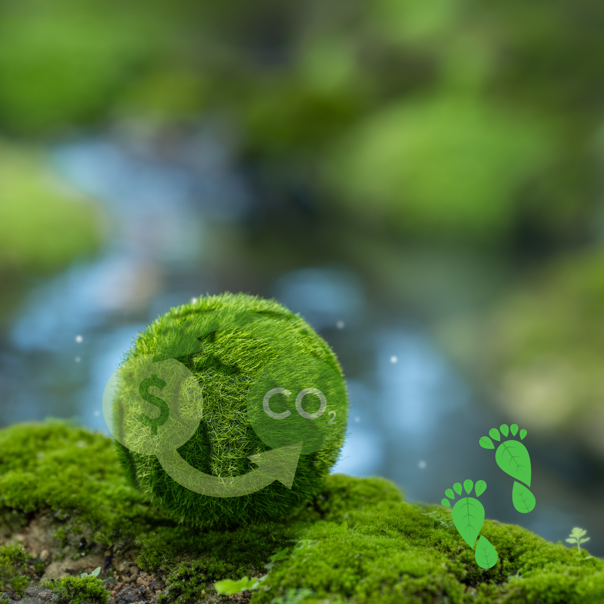 A fuzzy background of a stream with trees on either side. In the foreground the is a distinct moss covered earth with a globe designed out of grass. Different greens are used to show the difference between water and earth. Overlaid on the globe is a CO2 and Dollar sign pointing at each other in a circular format. There are two over laid footprints in the lower right hand corner made out of leaves.