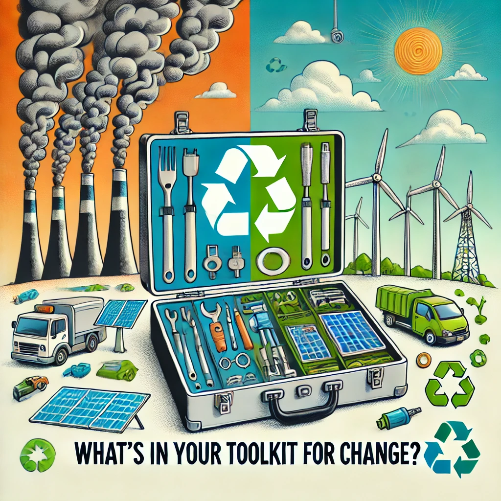 A split image with one side showing industrial smokestacks emitting pollution, representing fossil fuel combustion and emissions, and the other side has all types of renewable energy. In the middle is a briefcase with tools. The half next to the smokestacks are more “traditional” tools. The half next to the renewable energy is the part of the renewable energy equipment.