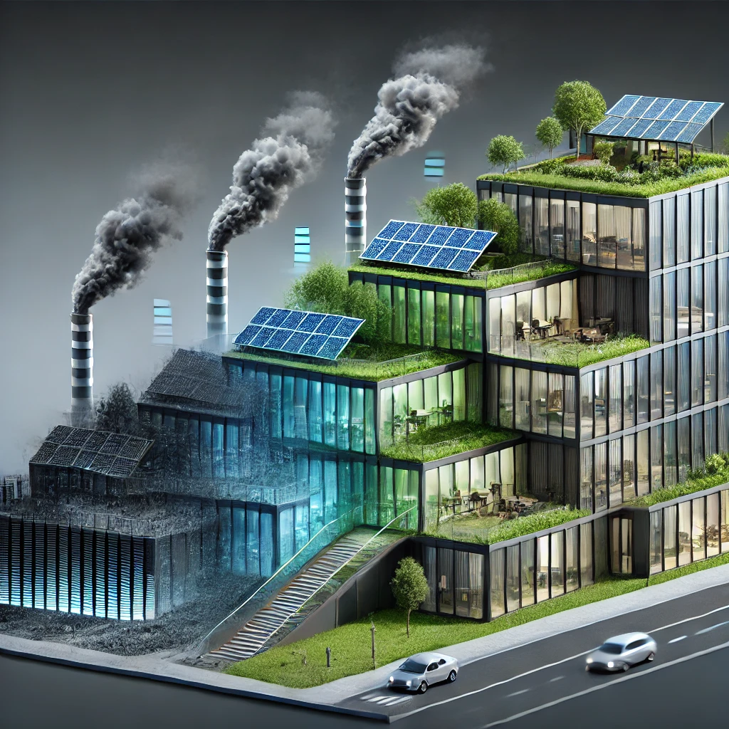 A graphic representation of a modern building in stages of decarbonization. On the left, the building is shown emitting carbon, represented by dark smog