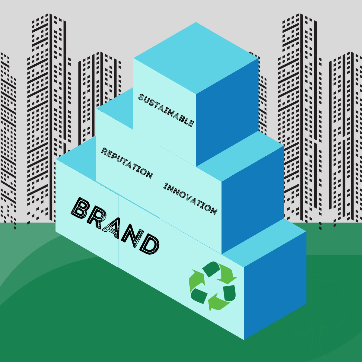 An oversized stack of blocks. Across the bottom 3 blocks reads brand with a recycling symbol. The second layer has 2 blocks, Reputation and one with innovation on the front. The top layer has one final block with the word sustainable. The background has a skyline of a lot of skyscrapers.