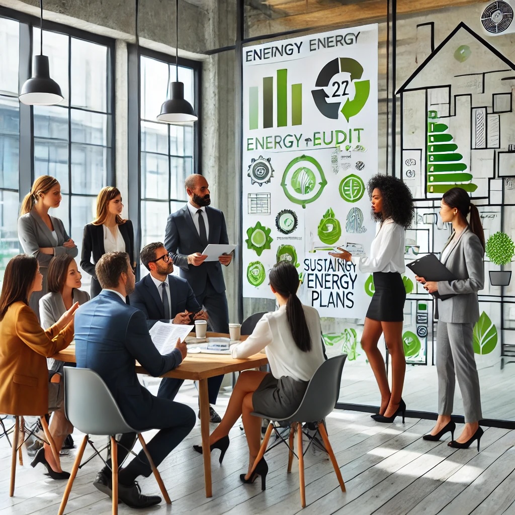 A diverse group of professionals in a modern office setting, including women and people of color, conducting an energy audit with a company's leadership team